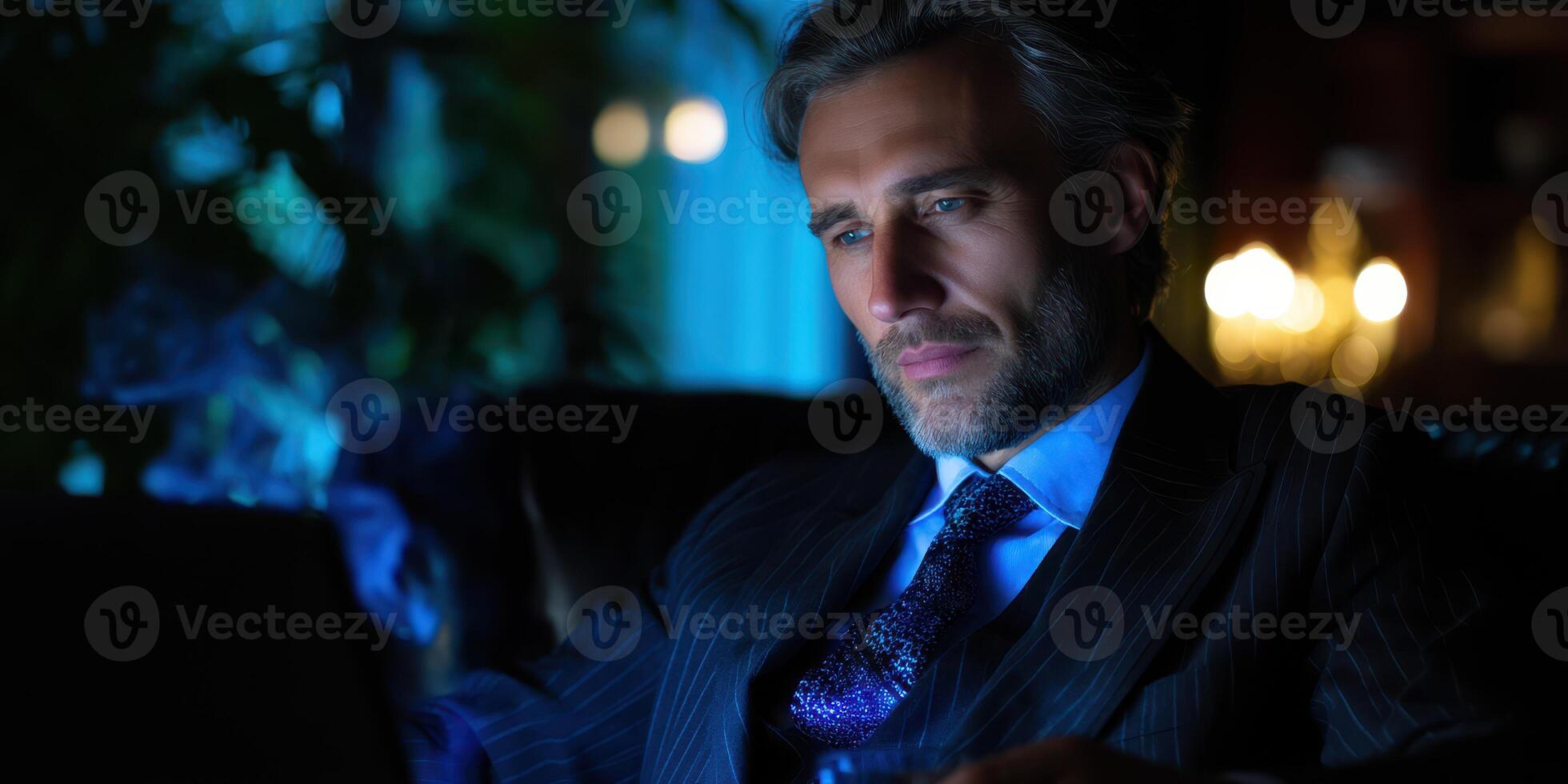 Businessman focused on work while seated in a dimly lit room during the evening hours photo