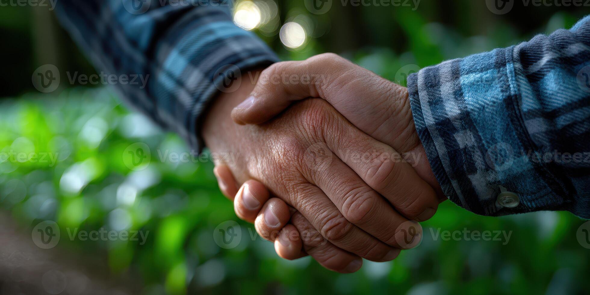 Two individuals shaking hands in a lush green agricultural field during daytime, symbolizing partnership and collaboration photo