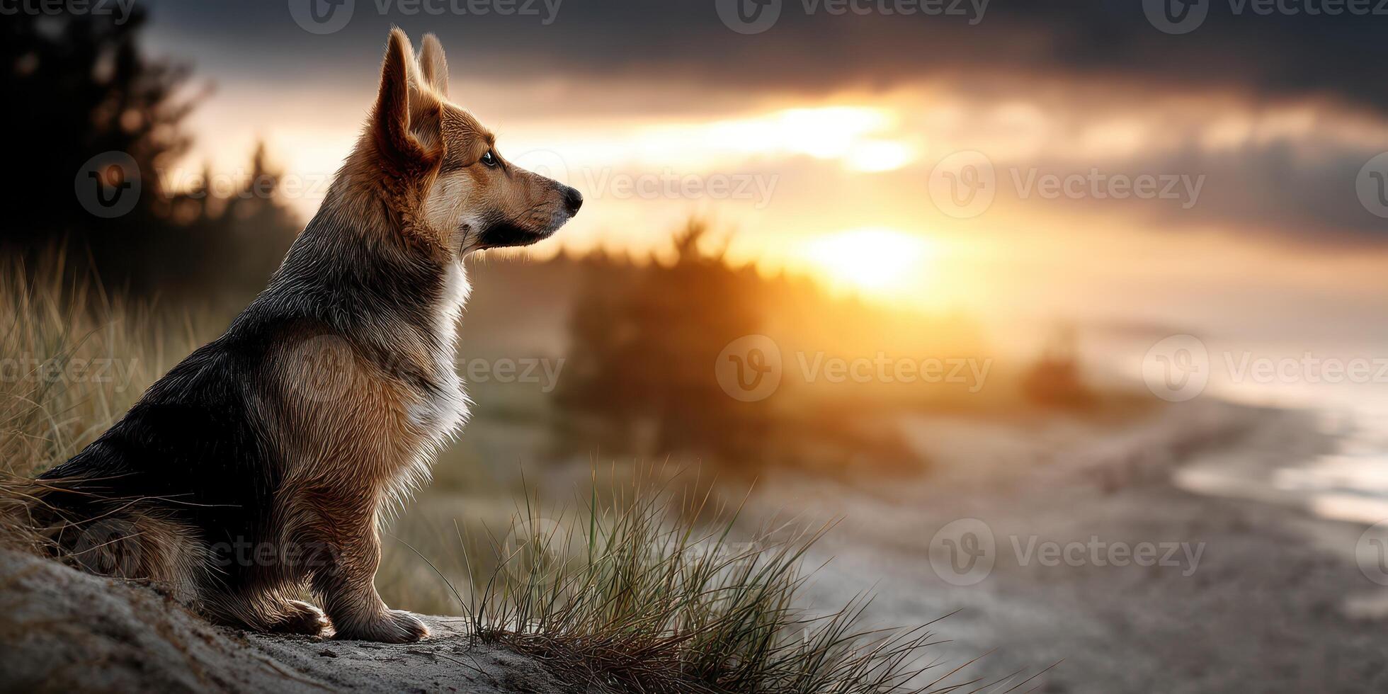 Dog watching the sunset over the beach on a calm evening near a wooded area photo