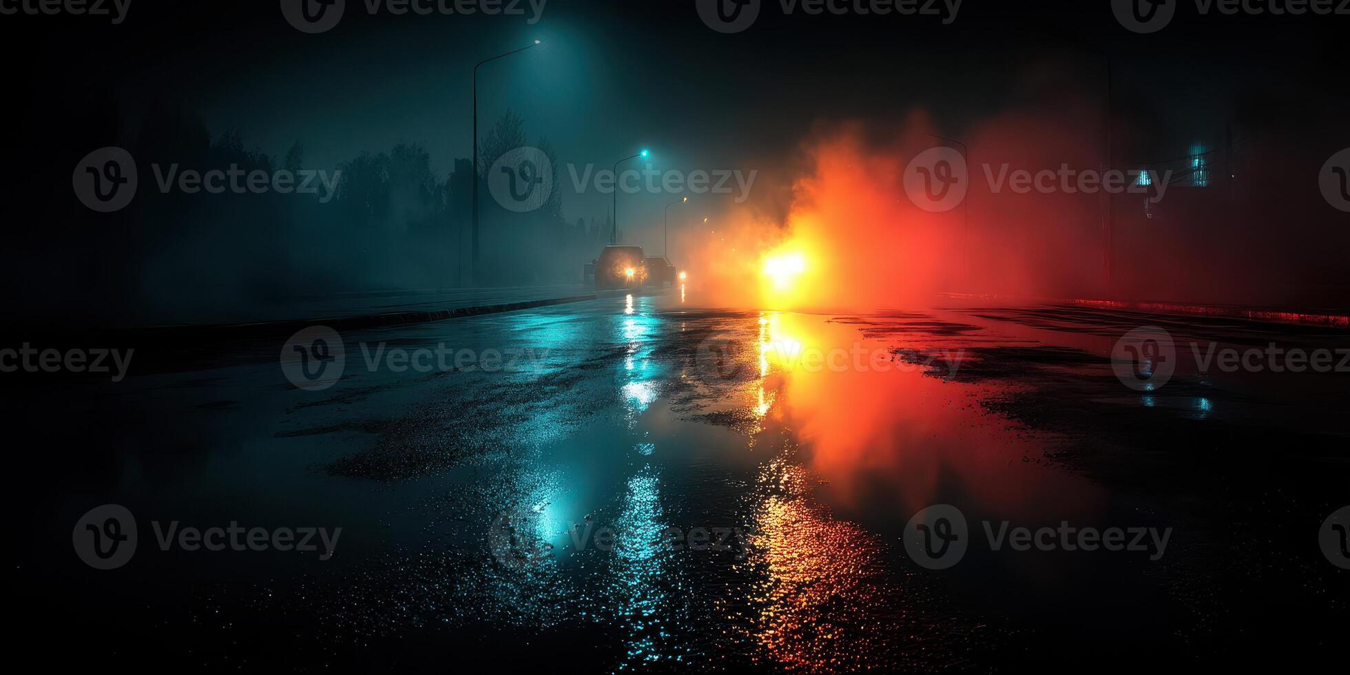 Nighttime urban landscape with glowing lights and wet pavement reflecting colors photo