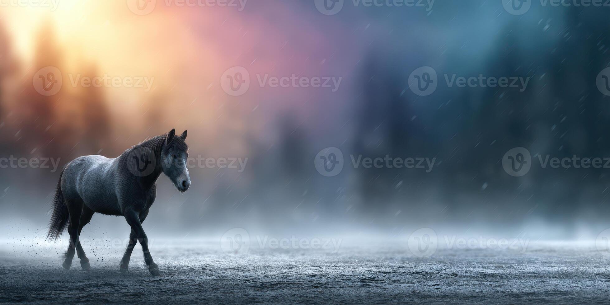 Majestic horse walks through misty landscape at sunset with vibrant colors and soft light photo