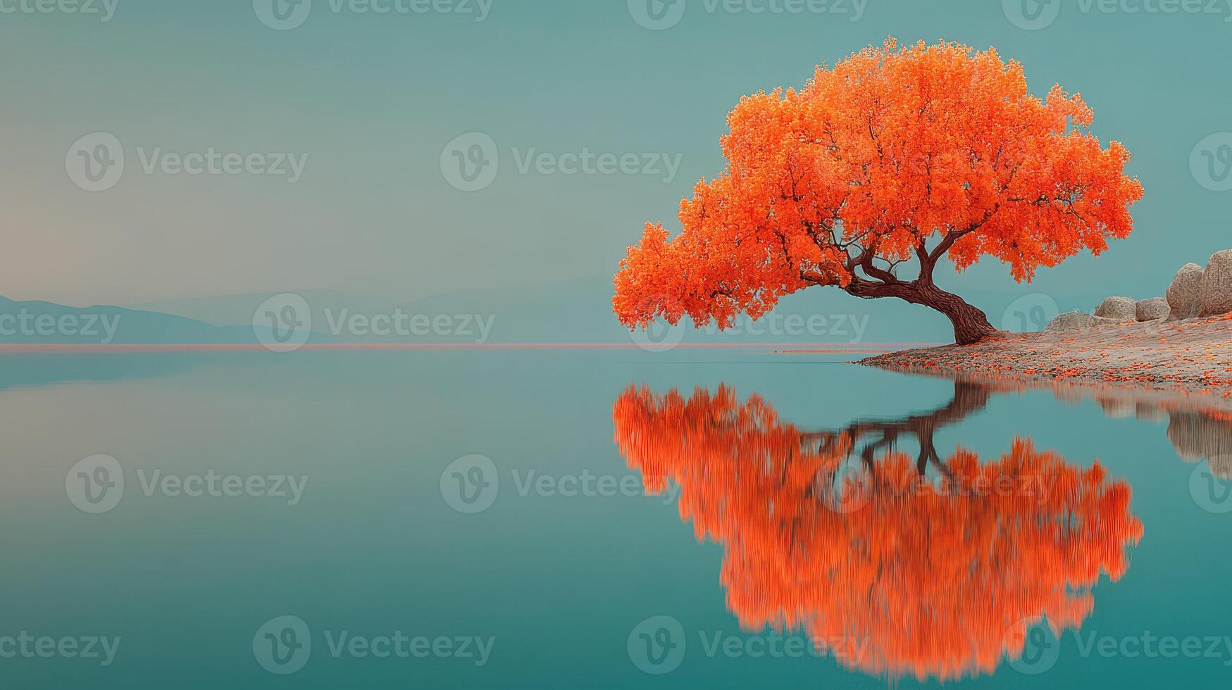 Vibrant orange tree reflected in calm waters under a serene sky at sunset photo