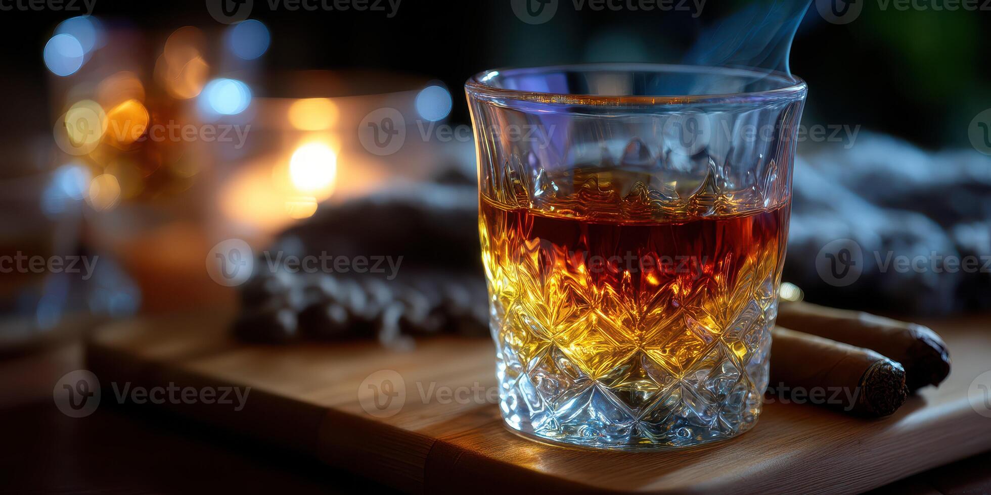 Warm amber drink in crystal glass surrounded by soft lighting during a cozy evening atmosphere photo