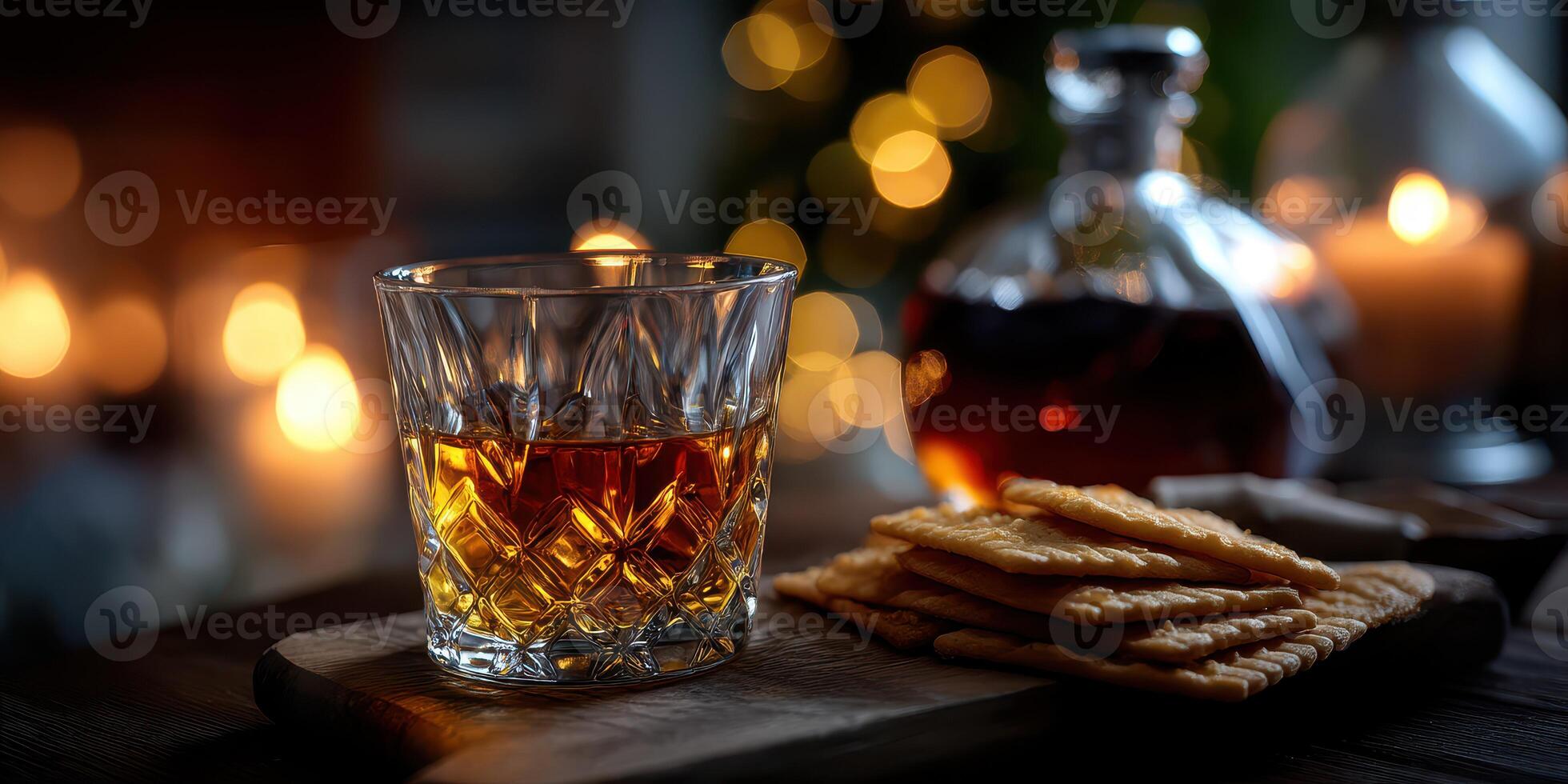 Whiskey glass on a wooden board with crackers and warm candlelight in a cozy setting during the evening photo