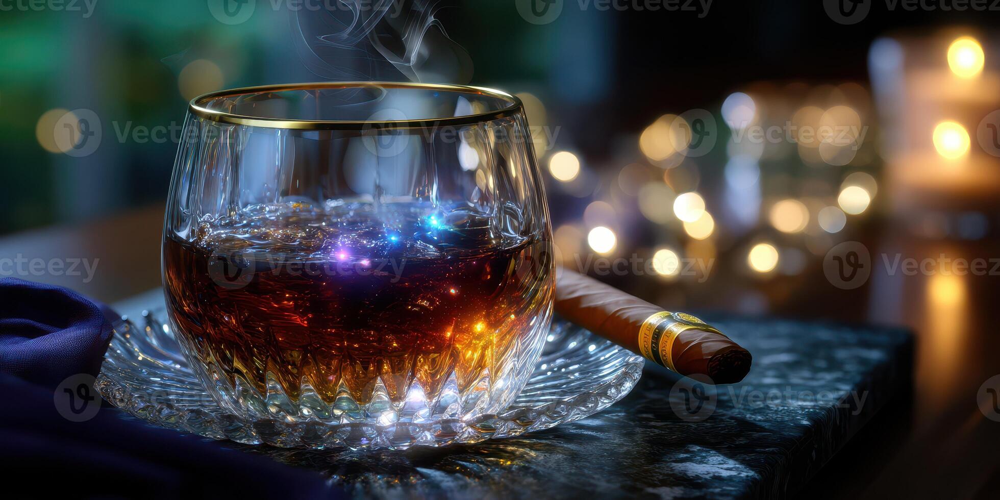 Warm whiskey glass with cigar on a marble table surrounded by soft lights in a cozy evening setting photo