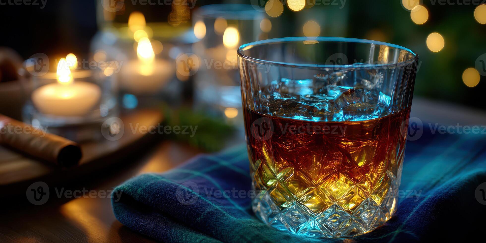 Whiskey served on a cozy evening with candles and a soft blue cloth in a warm atmosphere photo