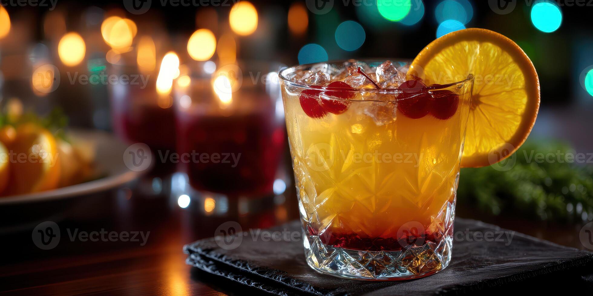 Refreshing cocktail served with garnishes at a vibrant bar during an evening gathering photo