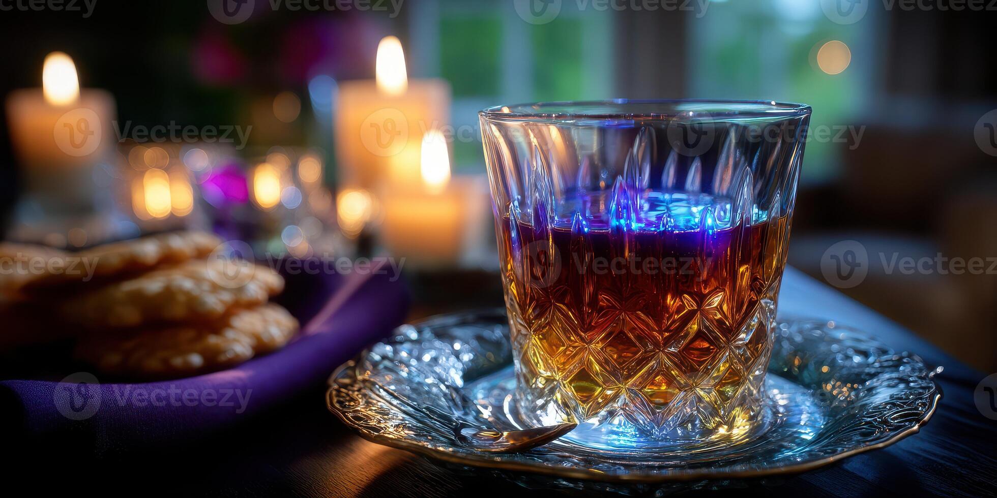 Elegant whiskey glass with cookies on a silver plate beside candles glowing softly in a cozy setting at night photo