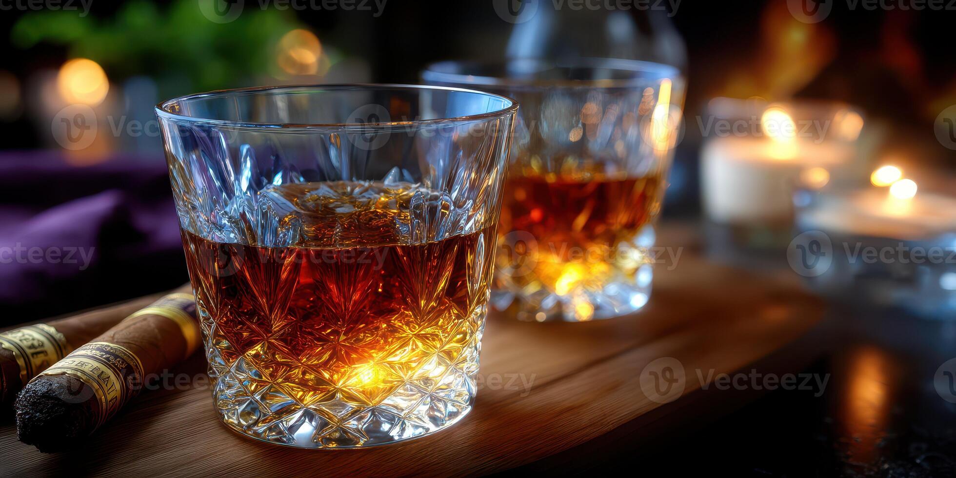 Elegant whiskey glasses with cigars and candles create a warm atmosphere for evening relaxation photo