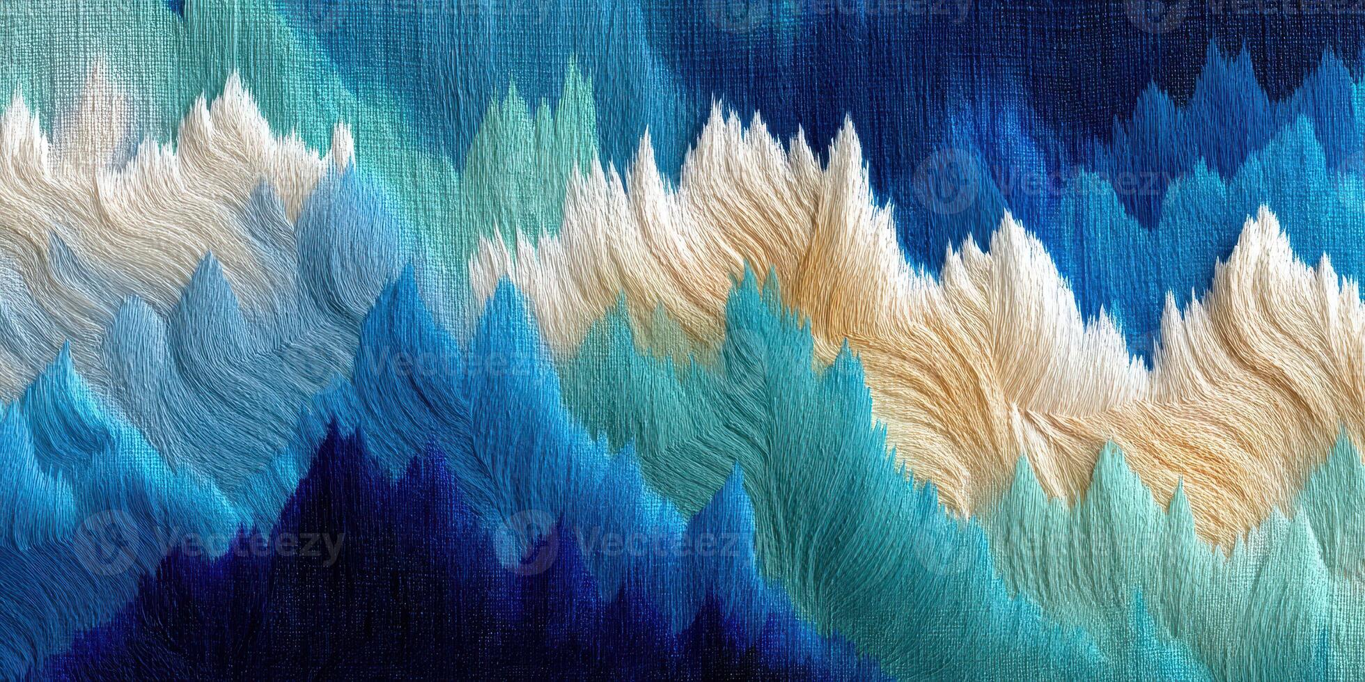 Colorful abstract textile design showcasing waves in shades of blue, cream, and white with varying textures photo