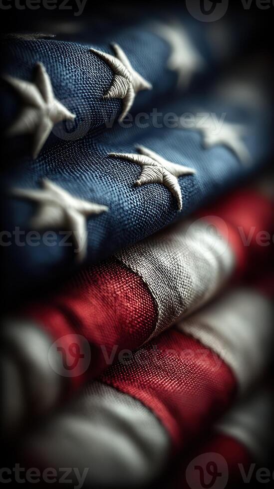 Stars and stripes of the American flag displayed in close-up with vivid colors and textures, symbolizing patriotism and national pride photo