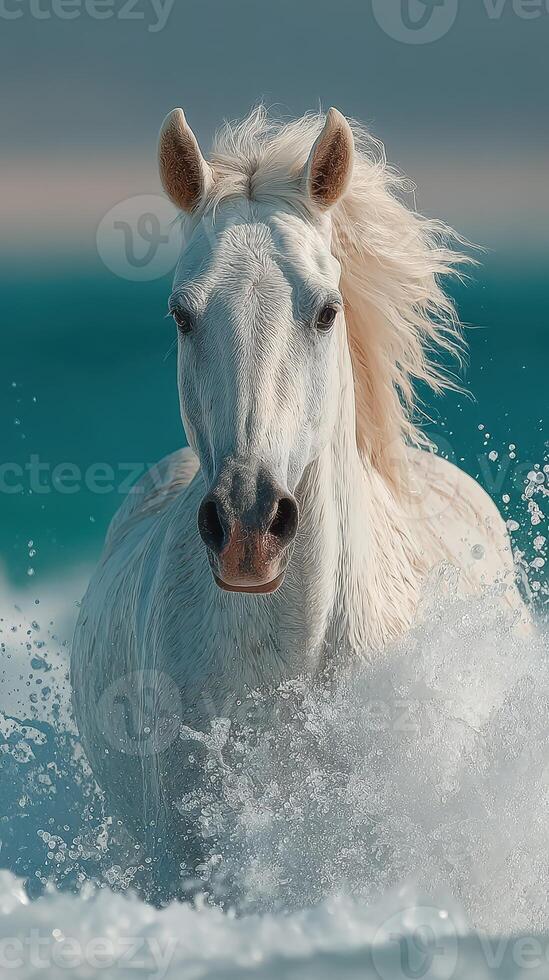 Majestic white horse galloping through waves in a serene coastal setting at sunset photo