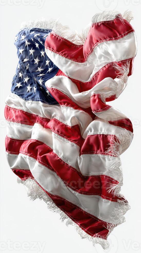 American flag waving in the wind, showcasing its vibrant colors and rich fabric texture against a neutral backdrop photo