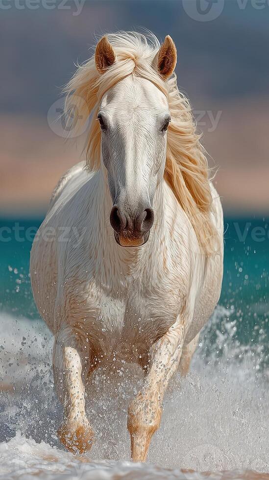 Majestic white horse gallops through ocean waves at sunset in a picturesque coastal setting photo