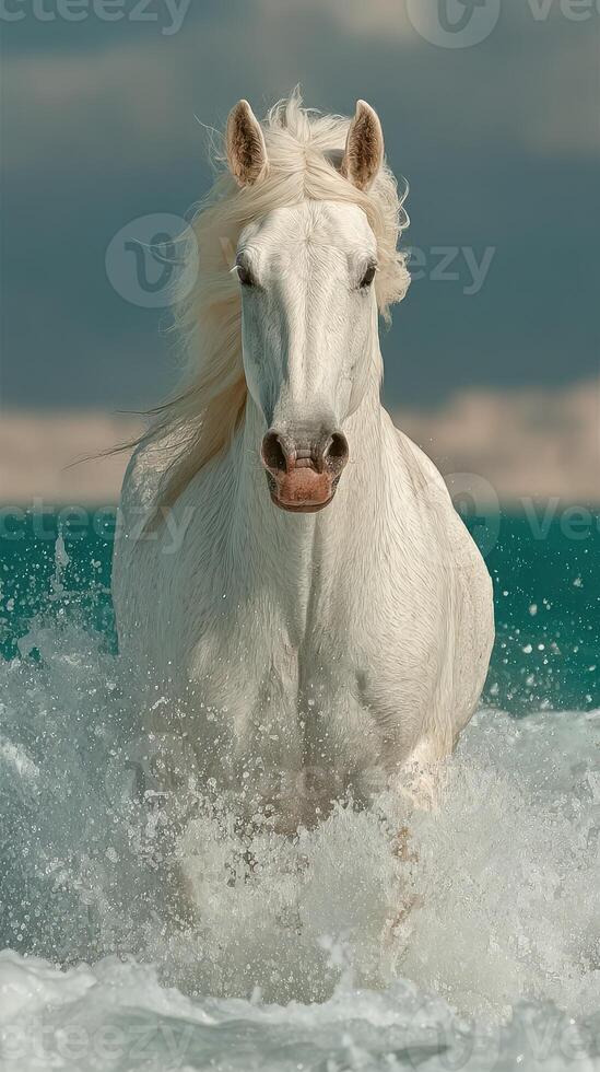 Majestic white horse running through turquoise waves under a cloudy sky in coastal scenery during daylight hours photo