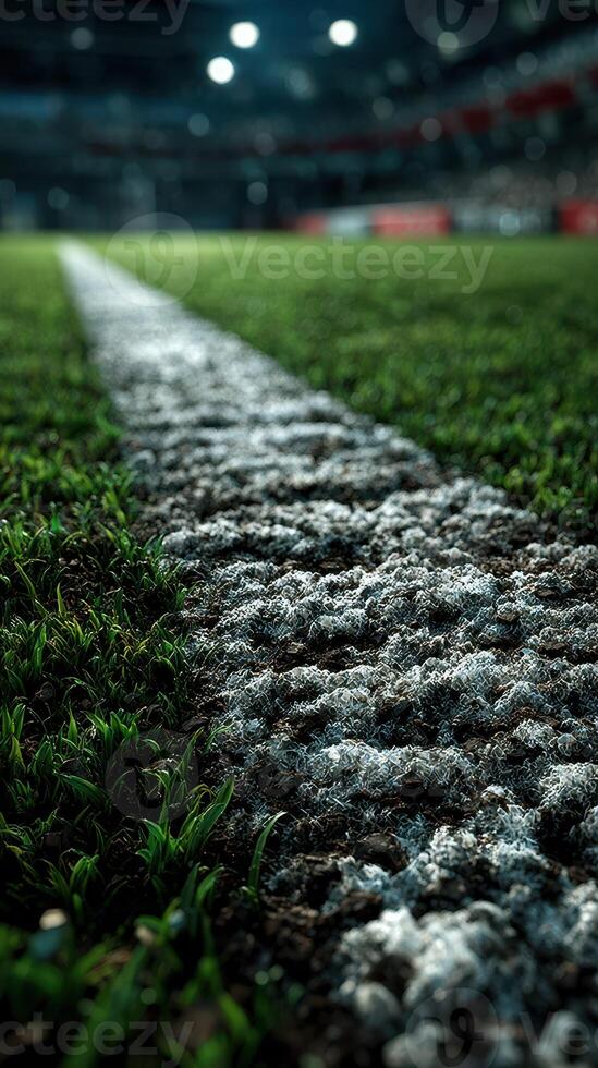 Grass and white line on a soccer field during evening time with stadium lights illuminating the area photo