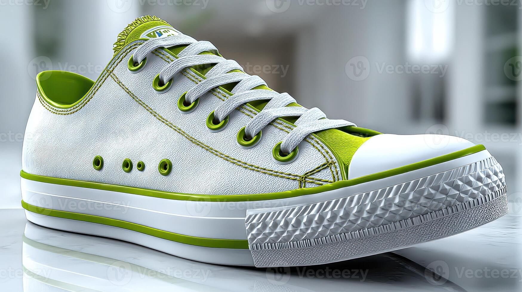 Stylish white sneakers with green accents showcased in a modern indoor setting photo