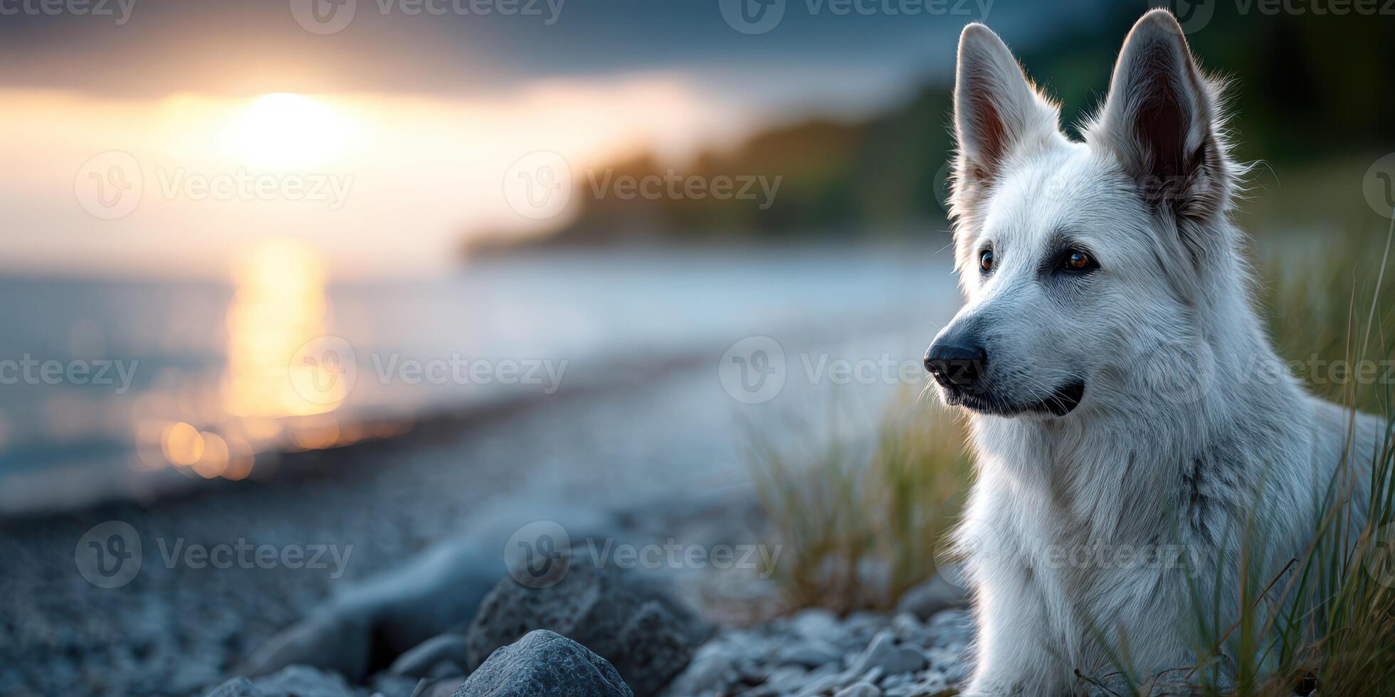 White dog resting on the shore during sunset by the lake with a tranquil atmosphere and beautiful reflections in the water photo
