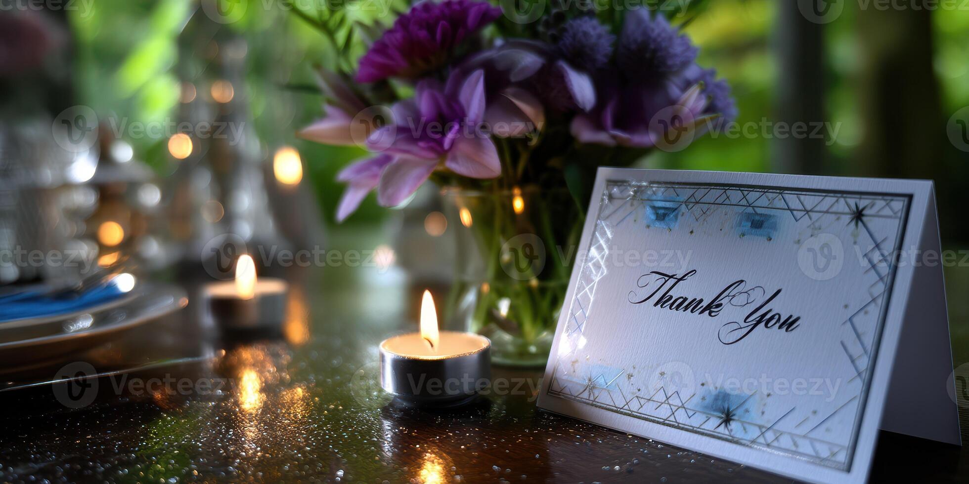Elegant thank you card beside a floral centerpiece and lit candles in a serene setting photo