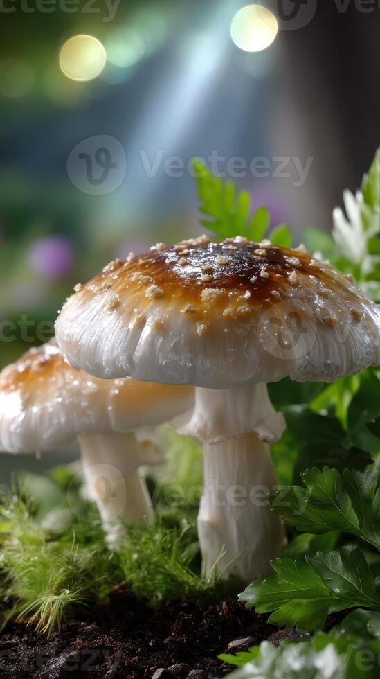 Mushrooms growing in a lush forest with soft sunlight filtering through the trees photo