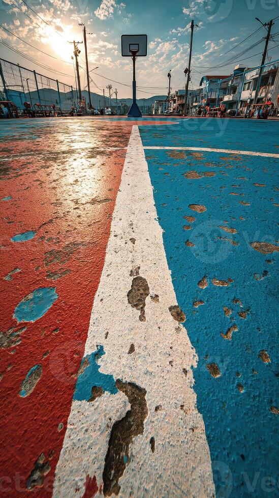 Vibrant basketball court under a colorful sky at sunset in a lively urban area photo