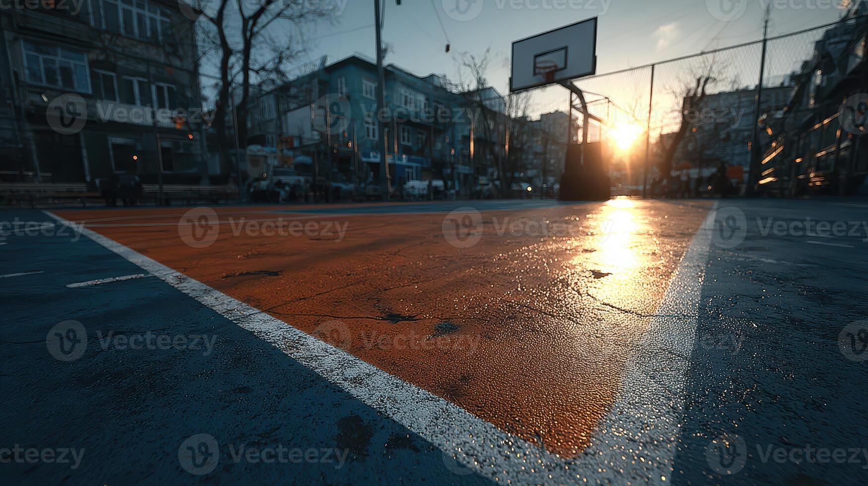 Basketball court in urban setting at sunset with wet ground reflecting light and nearby buildings in view photo