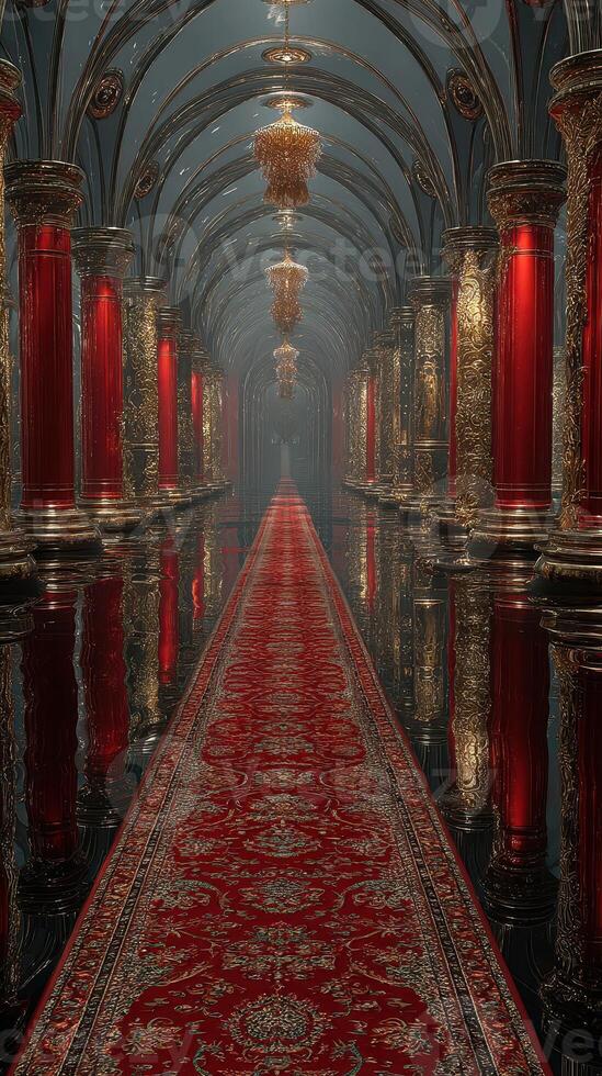 Elegant corridor with ornate architecture and reflective floor lit by chandeliers in a luxurious interior setting photo