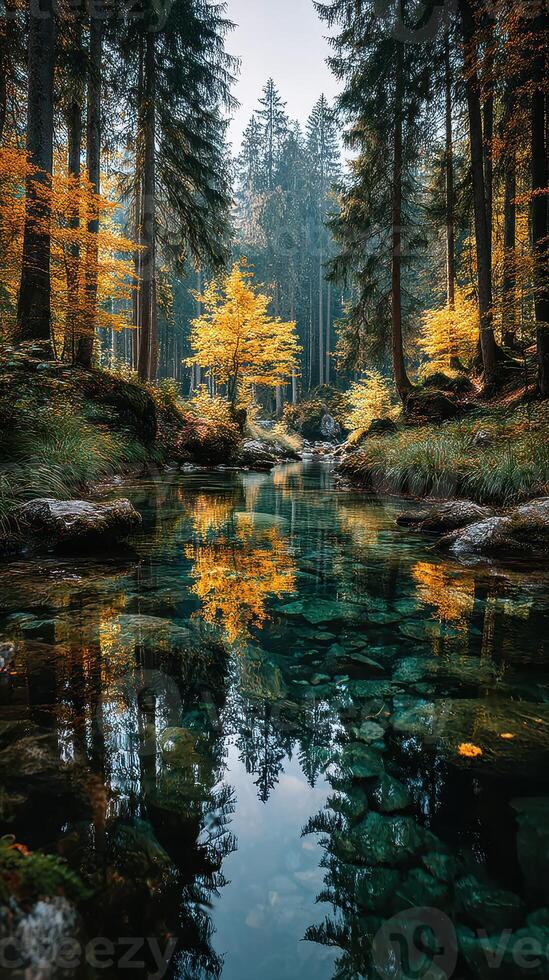 Autumn foliage reflects in a tranquil forest stream surrounded by tall trees and vibrant colors photo