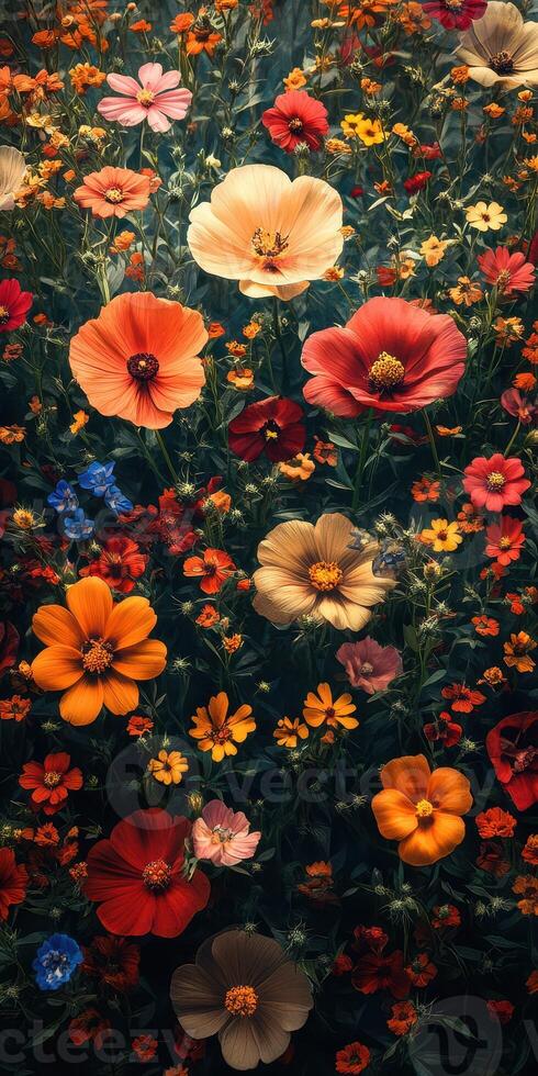 Colorful bloom of wildflowers in a garden during spring showcasing various vibrant hues photo
