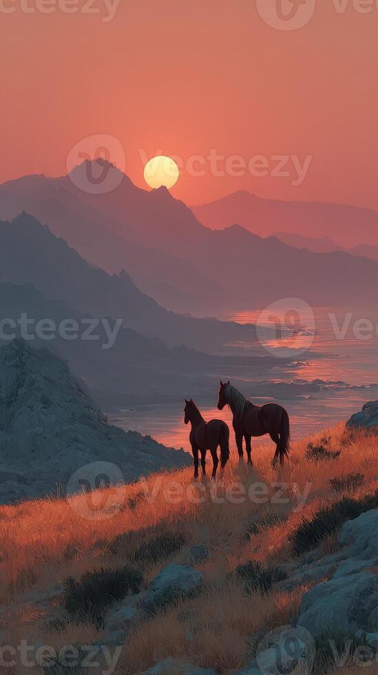 Two horses standing on a hillside at sunset with mountains and a glowing horizon in the background photo