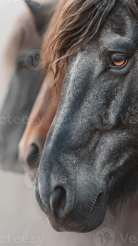 Close-up view of horses showcasing unique features and expressions in a serene setting during daylight hours photo