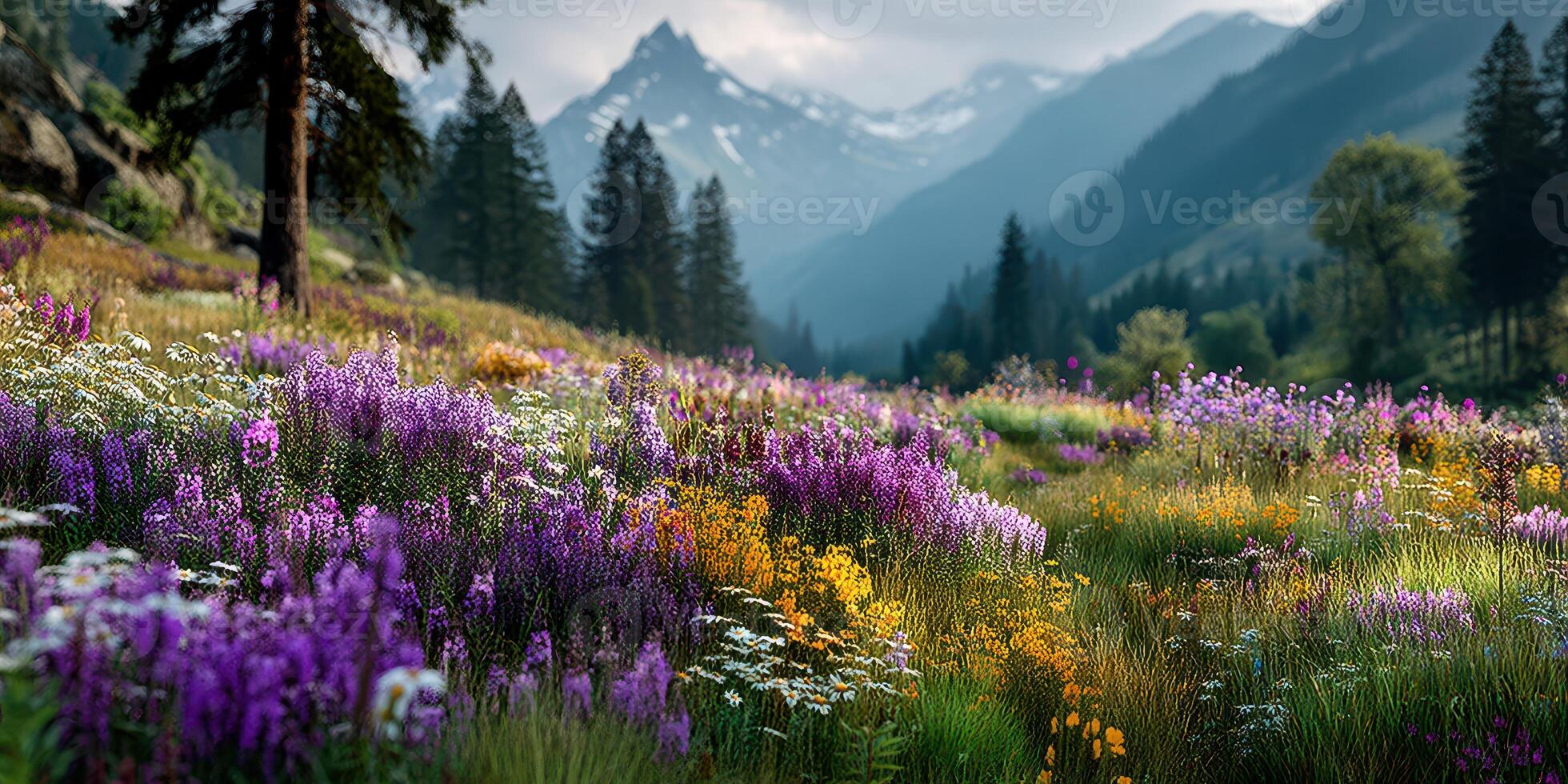Vibrant wildflower meadow with mountains in the background during a sunny spring afternoon photo