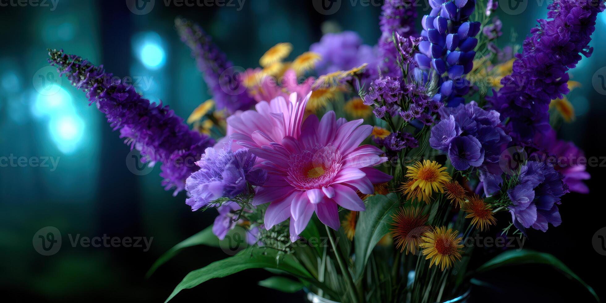 Brightly colored bouquet of flowers arranged in a vase with vibrant hues in a mystical forest background during twilight hours photo
