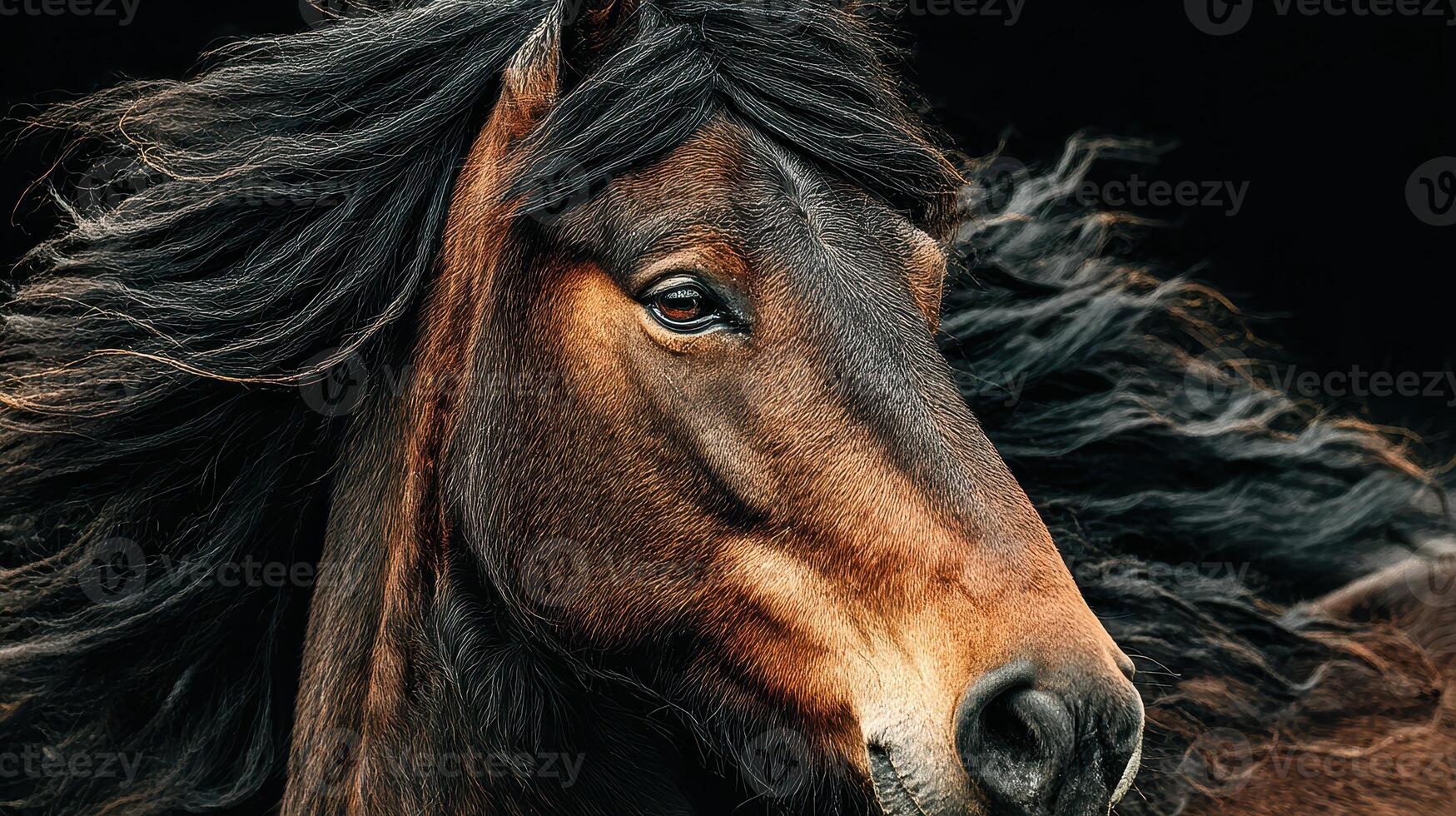 Majestic black horse with flowing mane captured in natural light against a dark background photo