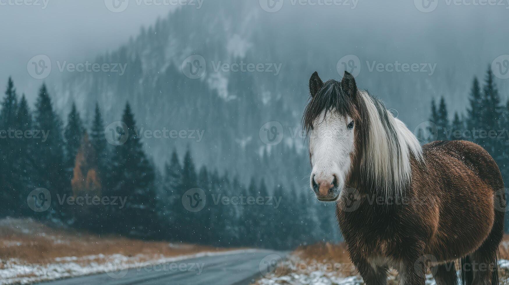 Horse standing near road in snowy landscape with mountains and forest during wintertime photo