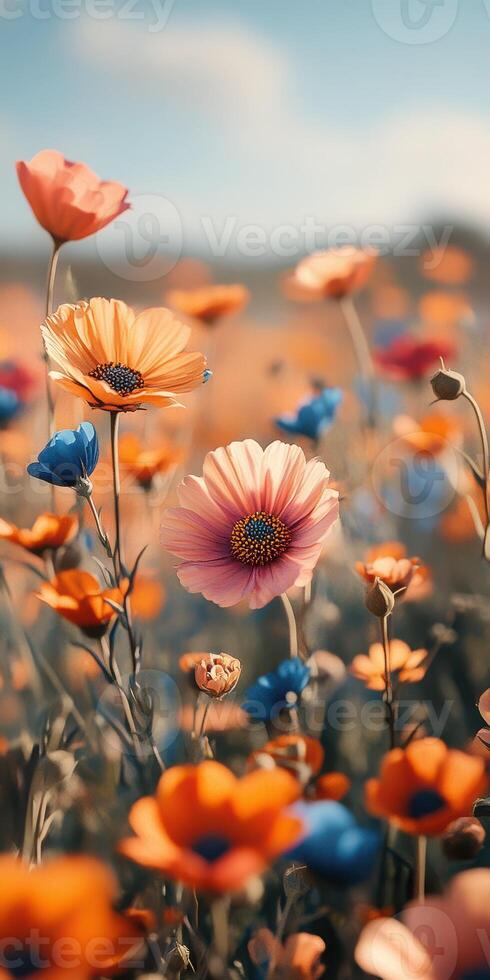 Vibrant flowers bloom in a colorful field during a sunny afternoon in spring photo