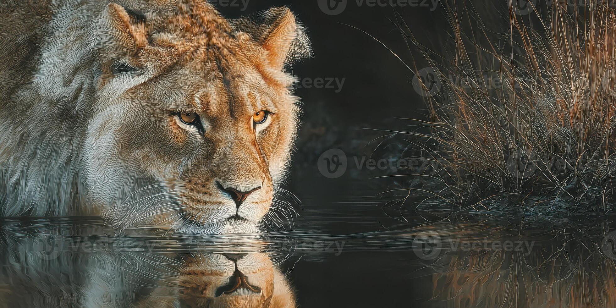 Majestic lioness drinking water by the serene lake at dusk in a tranquil wildlife setting photo