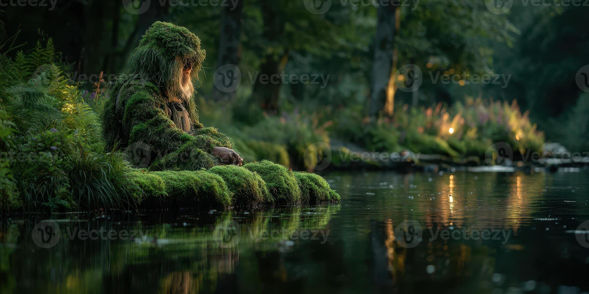 Mysterious figure in nature sitting quietly by the river during twilight in a lush, green landscape photo