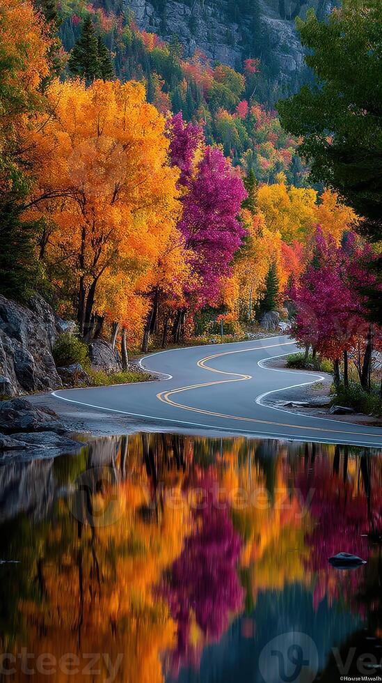 Vibrant autumn landscape with colorful trees and winding road by a tranquil lake photo