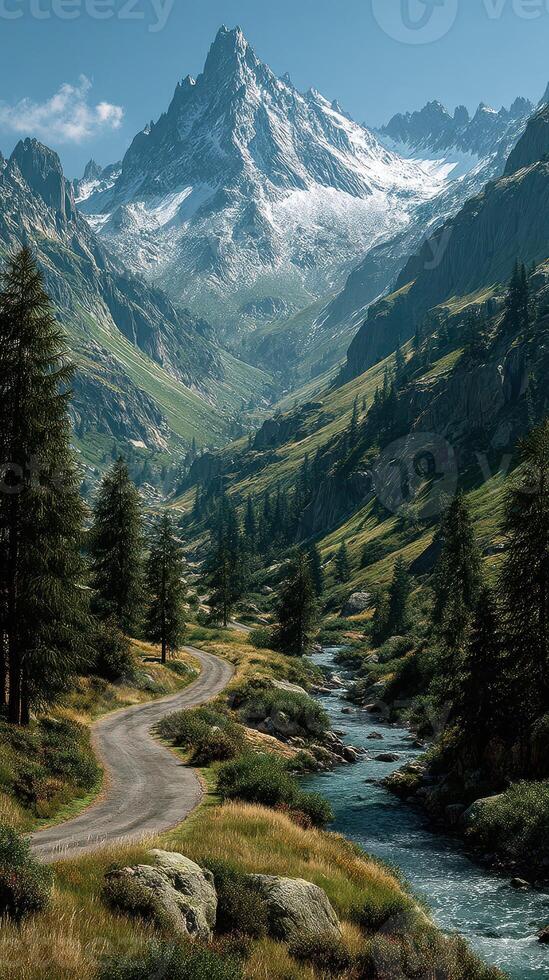 Majestic mountain landscape with winding road and clear stream in a serene valley during daylight photo