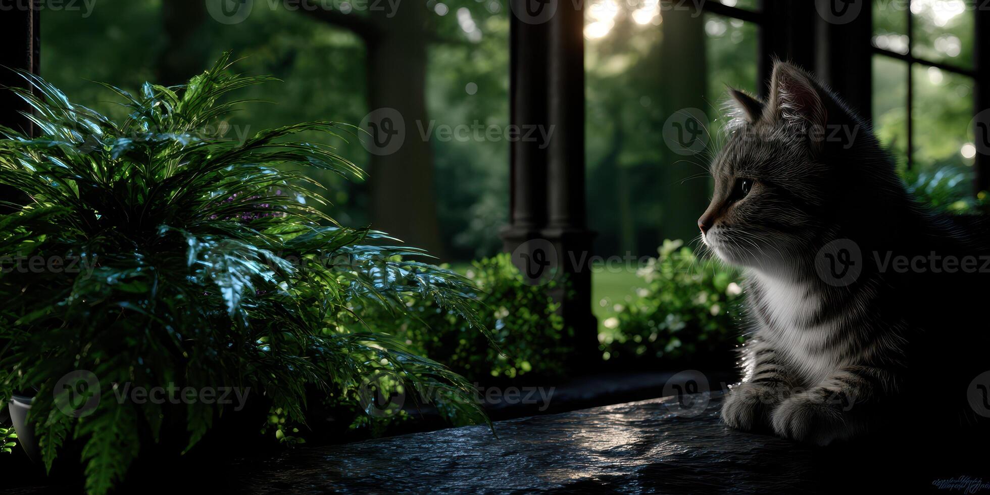 Cat gazes out of window while sunlight filters through greenery in a peaceful outdoor setting photo