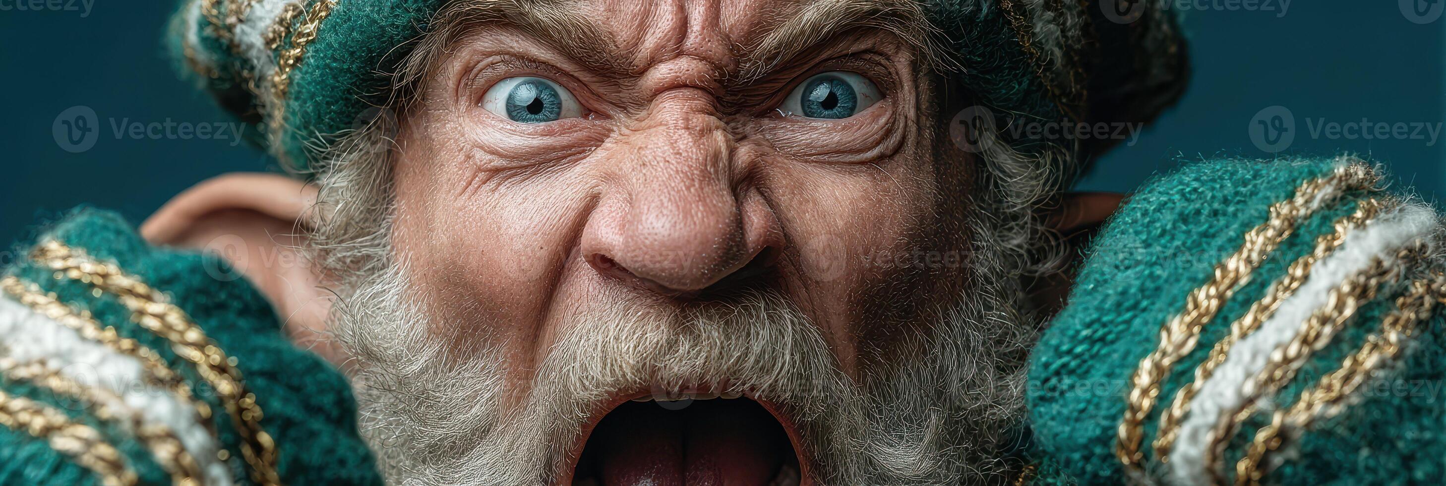 Shouting character with intense expression in colorful winter attire at a festive location during a holiday celebration photo