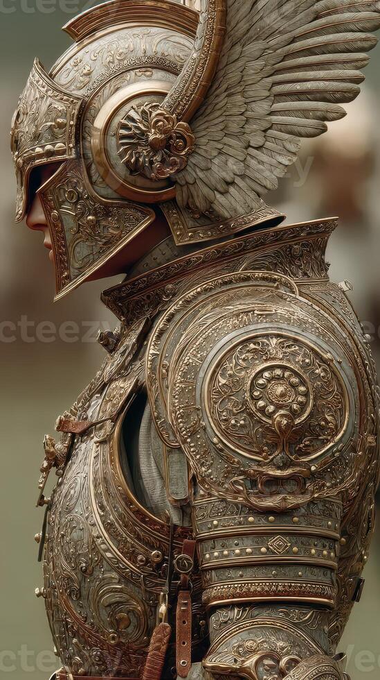 Intricate armored warrior ready for battle during a historical reenactment in a sunny outdoor arena photo
