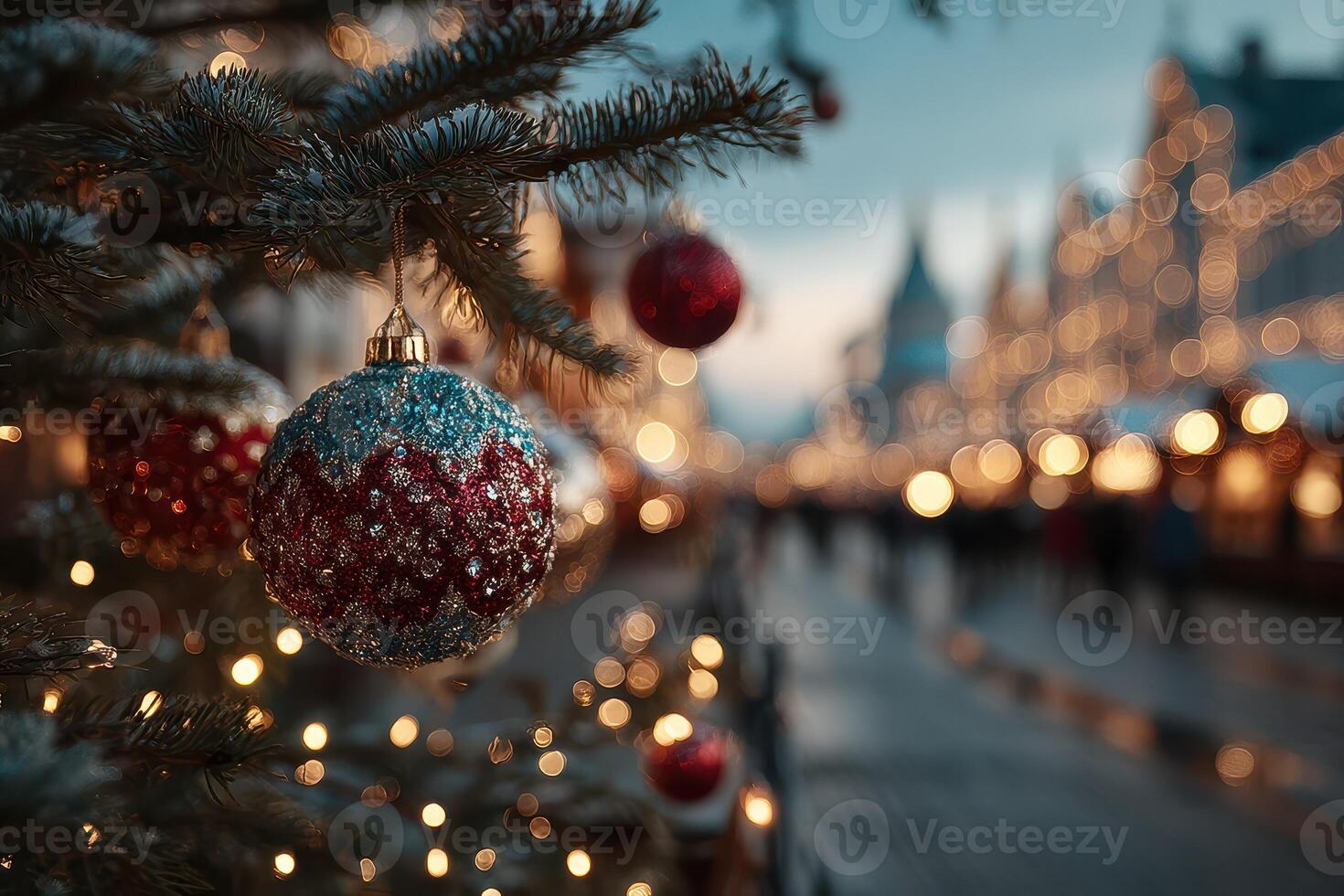 Decorative Christmas ornament hangs on tree with festive lights in a beautiful evening market photo