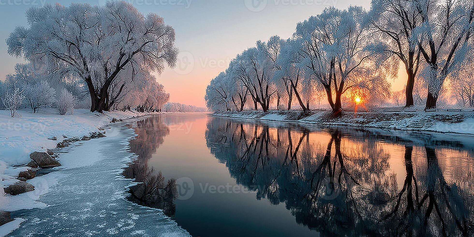 Winter sunset over a frozen river with frosted trees lining the banks in a serene landscape photo