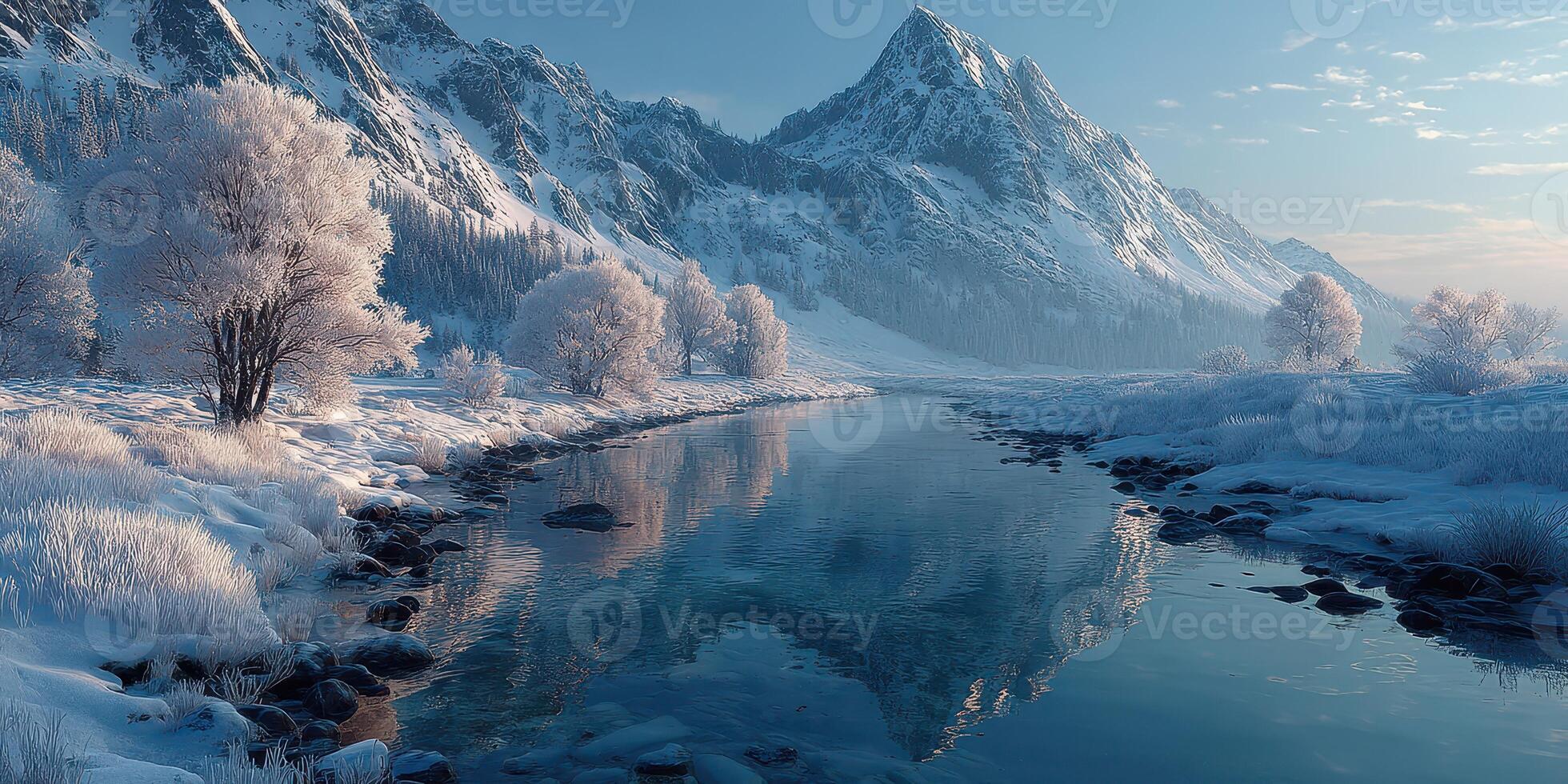 Winter landscape with snow-covered mountains and a tranquil river at dawn in a serene wilderness setting photo
