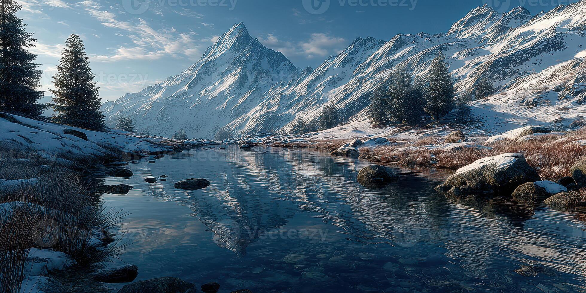 Majestic winter landscape with snowy peaks and calm river at sunrise in the mountains photo