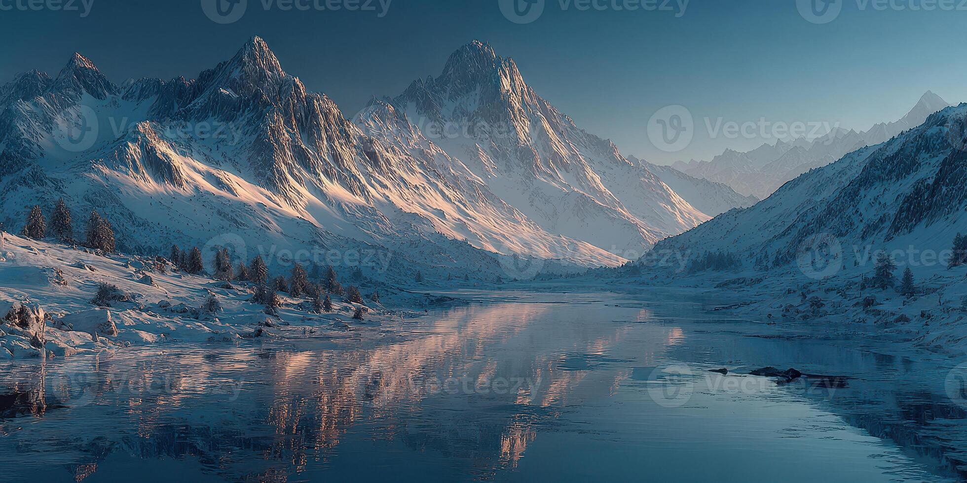 Snowy mountain landscape reflects in calm river during twilight hours in a serene winter setting photo