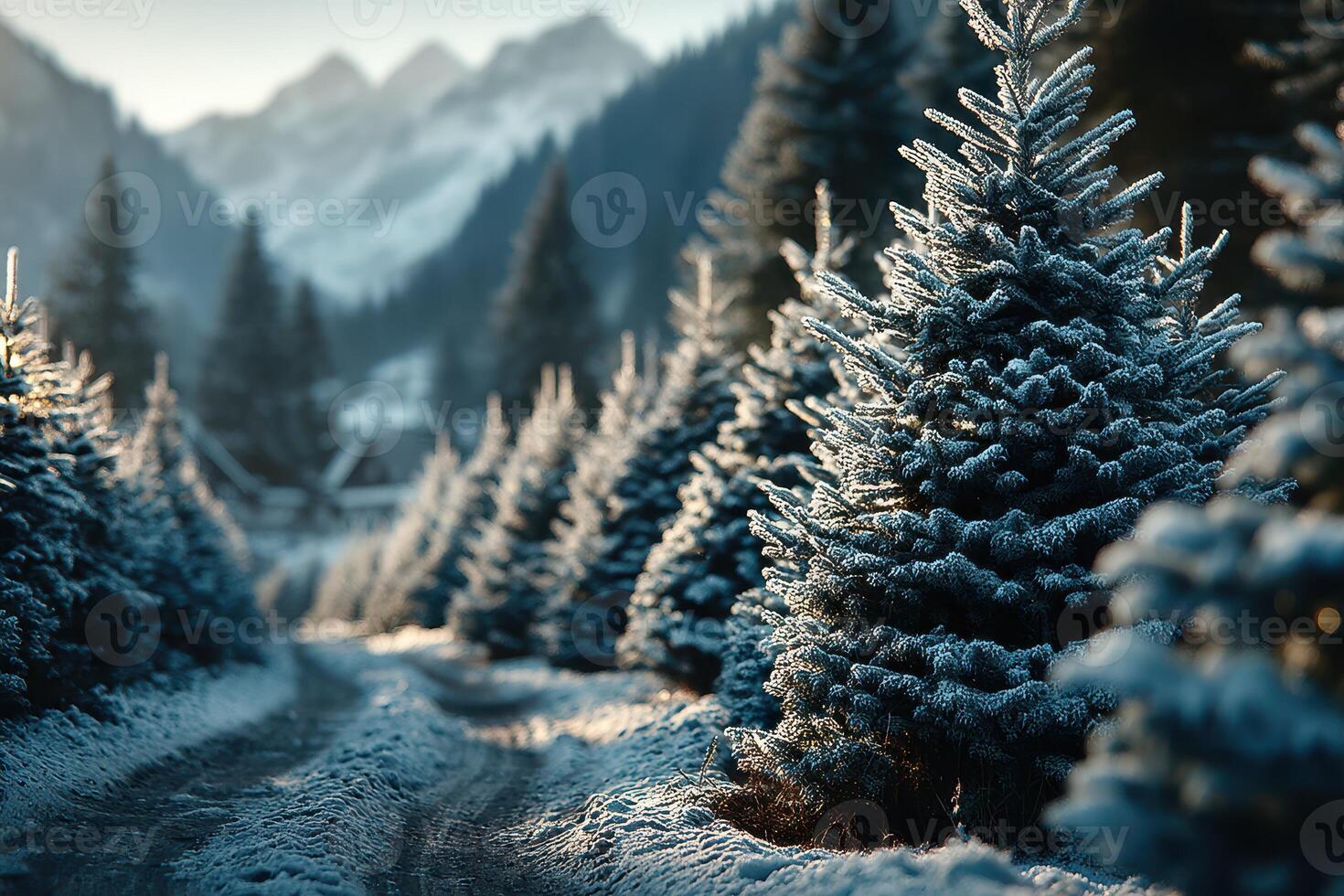 Snowy fir trees line a winding path in a winter wonderland surrounded by mountains at dawn photo