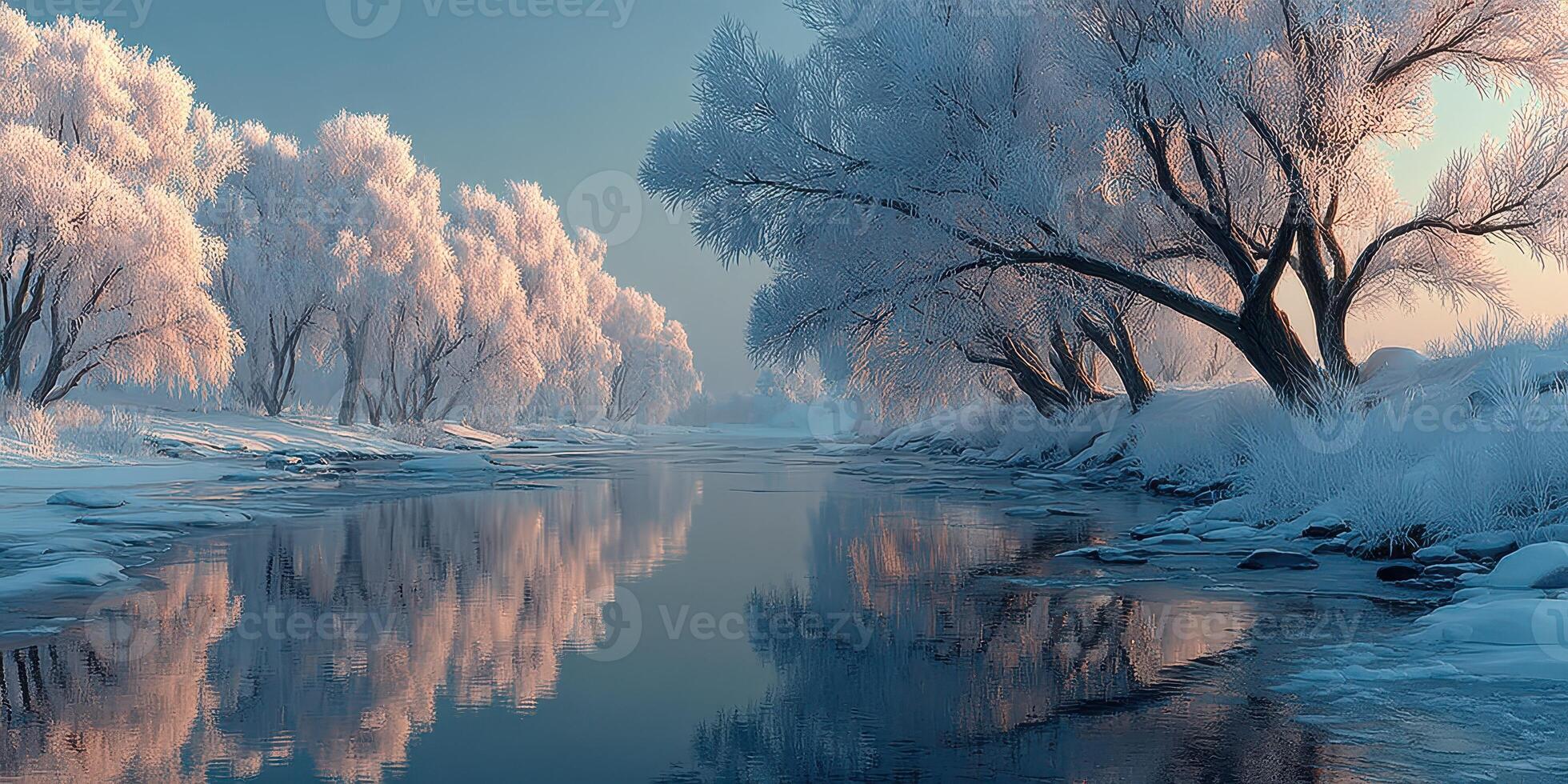 Winter landscape with frozen river and frosty trees at dawn photo